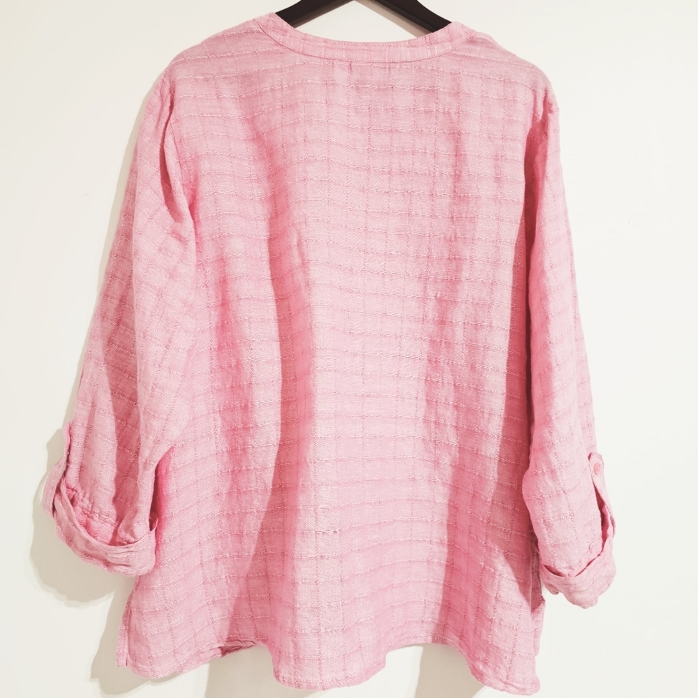 Kim Rogers Curvy 2X Pink Button front V-neck Pintuck Yoke Linen Blend Blouse - Picture 8 of 10